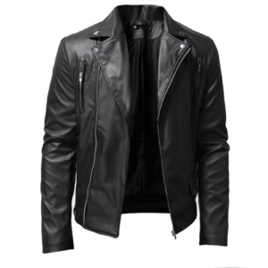 Men's Black Leather Jacket with Stand Collar, Punk Style, YKK Zippers, and Side Buckle Detail