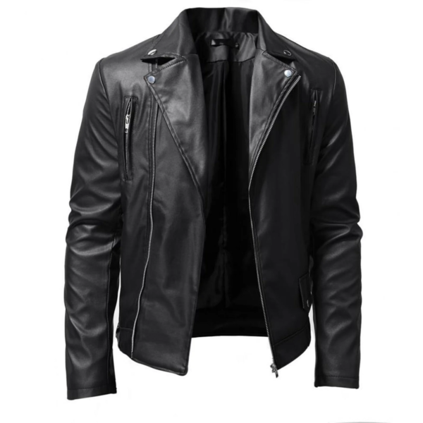 Men's Black Leather Jacket with Stand Collar, Punk Style, YKK Zippers, and Side Buckle Detail