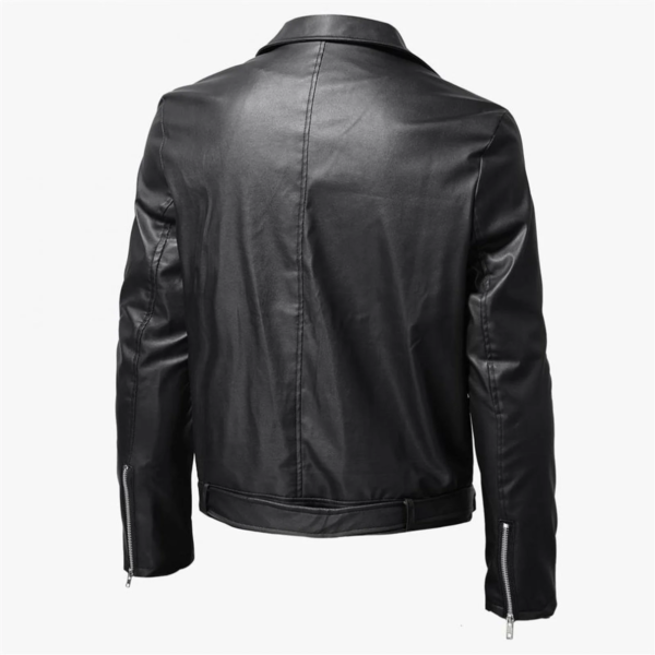 Men's Black Leather Jacket with Stand Collar, Punk Style, YKK Zippers, and Side Buckle Detail