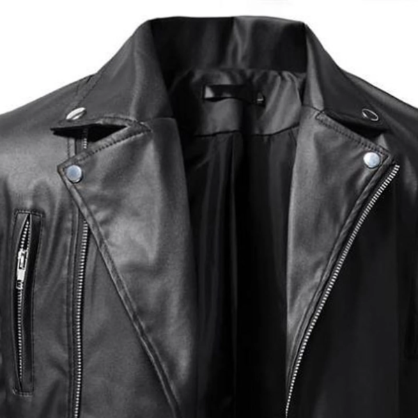 Men's Black Leather Jacket with Stand Collar, Punk Style, YKK Zippers, and Side Buckle Detail