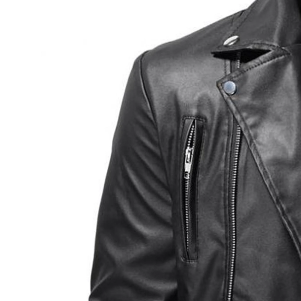 Men's Black Leather Jacket with Stand Collar, Punk Style, YKK Zippers, and Side Buckle Detail