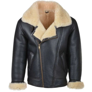 Bomber Men's Black Shearling Leather Jacket with Faux Fur Collar and Adjustable Buckle Straps