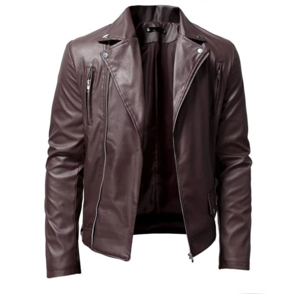 Men's Black Leather Jacket with Stand Collar, Punk Style, YKK Zippers, and Side Buckle Detail