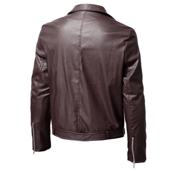 Men's Black Leather Jacket with Stand Collar, Punk Style, YKK Zippers, and Side Buckle Detail