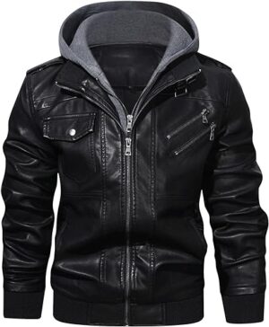 Men's Leather Fashion Jacket with Removable Hood, Multiple Pockets, and Stylish Design -