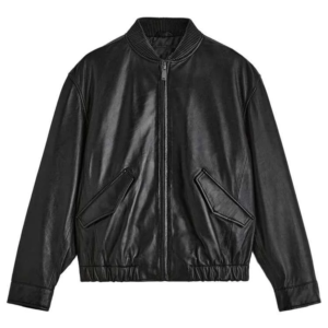 Men's Black Leather Bomber Jacket with Adjustable Shearling Cuffs, Premium Quality Leather