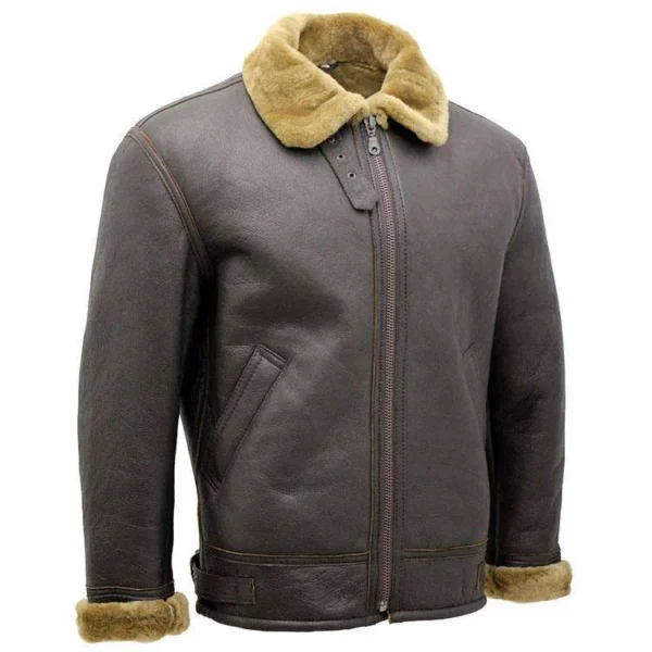 Men's Brown Shearling Leather Jacket with Fur Collar, Buckle Fasten Stand-Up Collar