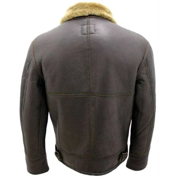 Men's Brown Shearling Leather Jacket with Fur Collar, Buckle Fasten Stand-Up Collar