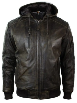 Men's Premium Dark Brown Distressed Leather Jacket with Removable Hood and Rib-Knitted Collar