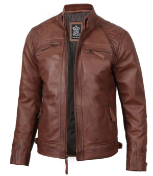 Men's Cognac Brown Biker Leather Jacket Premium Quality