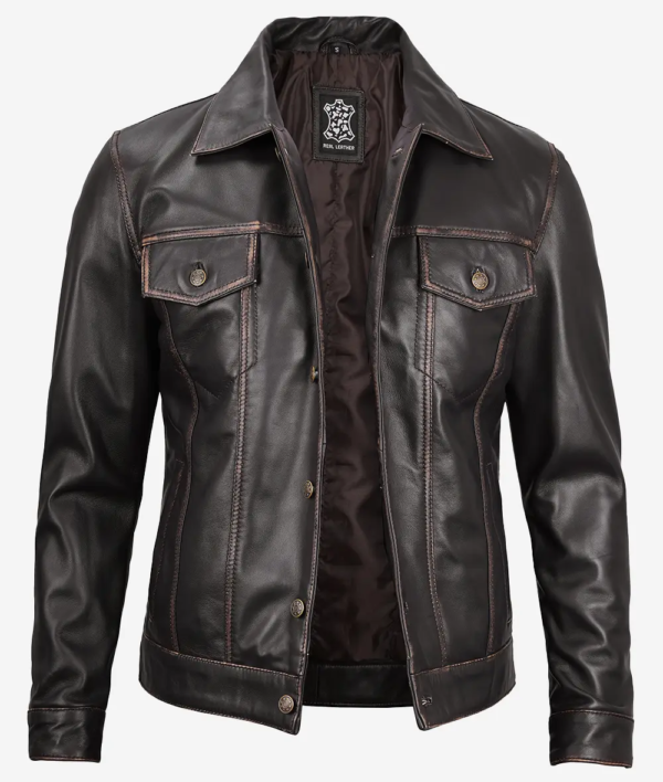 Men's Dark Brown Leather Trucker Jacket Premium Quality