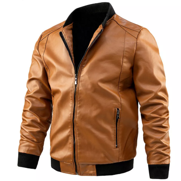 Stylish Men's Leather Bomber Jacket - Ribbed Stand Collar, Premium Quality