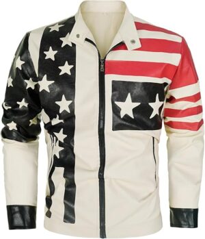 Men’s American Flag Faux Leather Jacket – Patriotic Star-Spangled Design