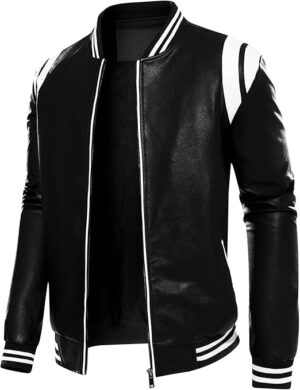 Men's Faux Leather Varsity Jacket – Slim Fit Bomber Jacket with Stripes in Black