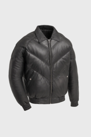 Men's Lightweight V Bomber Puffer Jacket - Premium Lambskin Leather