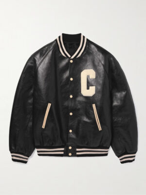 Men’s Luxurious Black Leather Bomber Jacket with Varsity