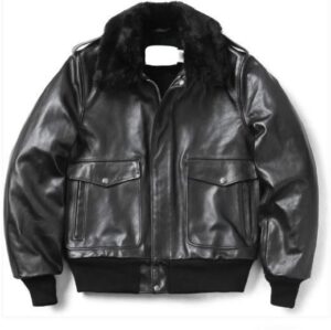 Men's Black Genuine Leather Bomber Jacket with Fur Collar and Ribbed Cuffs