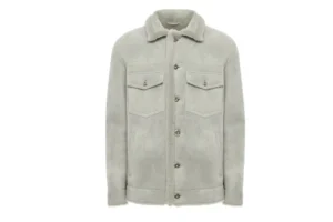 Men's Premium Shearling Leather Jacket in Grey - Button-Up Wool-Lined Winter Coat