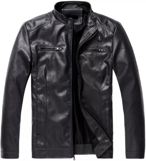 Men's Black Stand Collar Leather Jacket - Slim Fit, YKK Zipper Closure, Stylish Biker Design