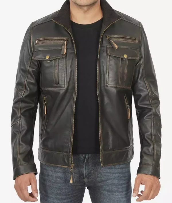 Men's Distressed Brown Rub-Off Leather Biker Jacket with Vintage Detailing