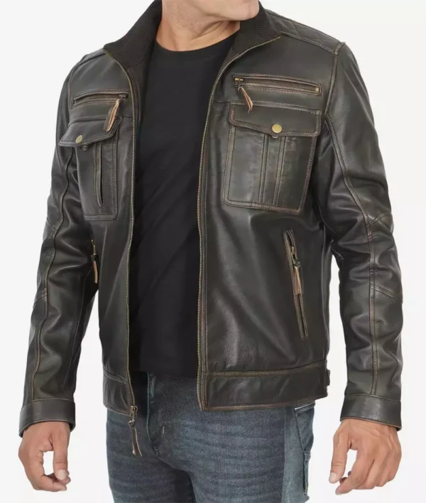 Men's Distressed Brown Rub-Off Leather Biker Jacket with Vintage Detailing