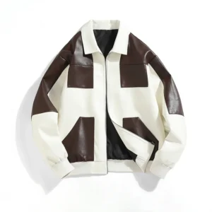 New Men’s Modern Dual-Color White and Brown Leather Jacket